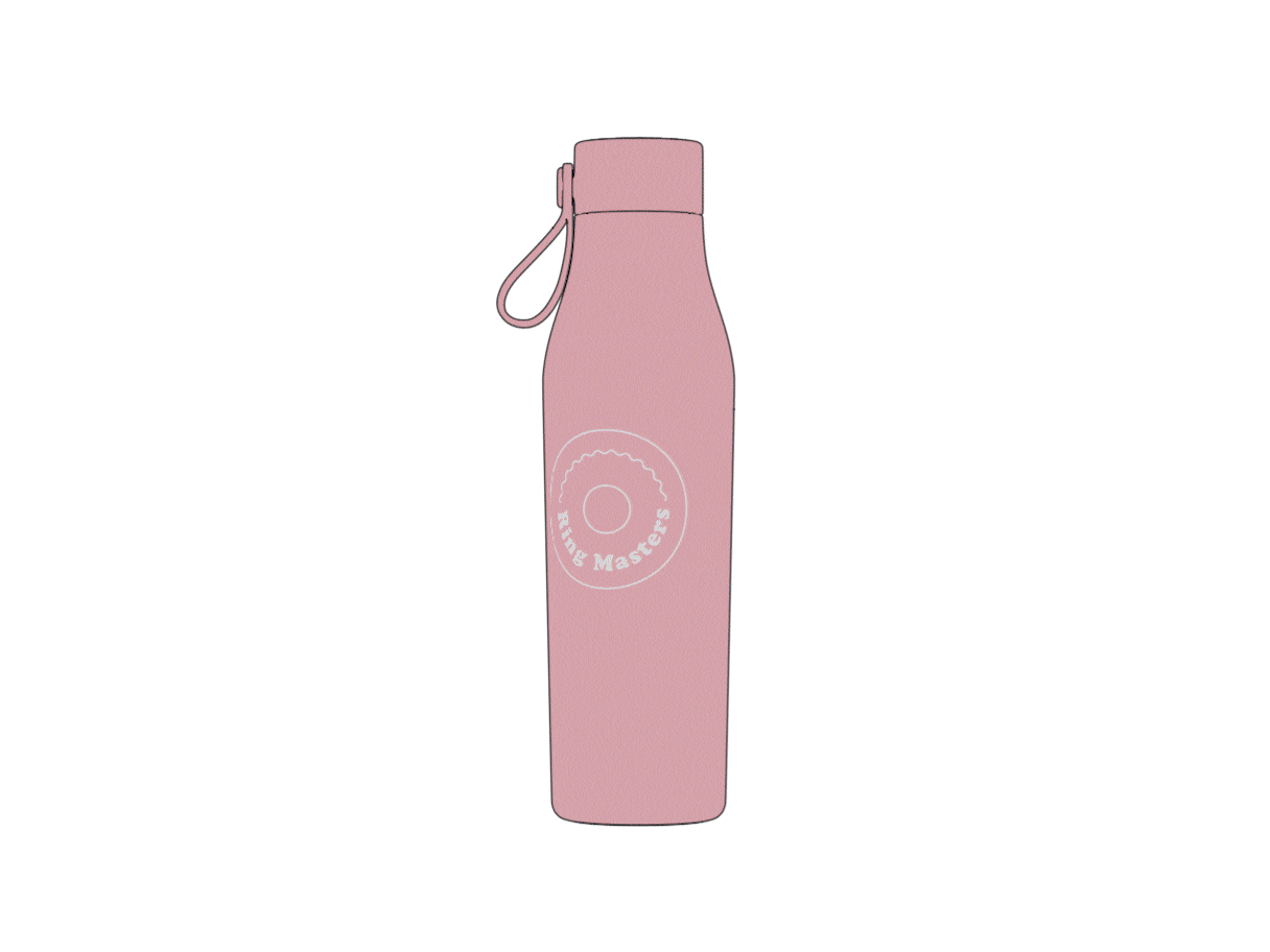 Illustration of a pink custom water bottle rotating to show the different personalization options on one design, including silver engraving, single color and four colors