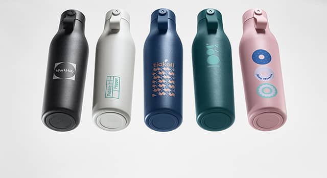 5 personalized water bottles in black, white, pink, blue and green with custom colorful water bottle designs