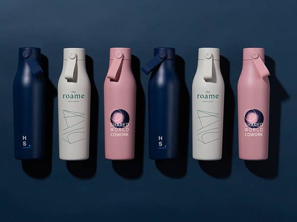 6 personalized water bottles including two blue bottles, two grey bottles and two pink bottles