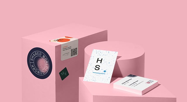 Round sticker, QR code label, mini sticker and business cards on pink geometric blocks