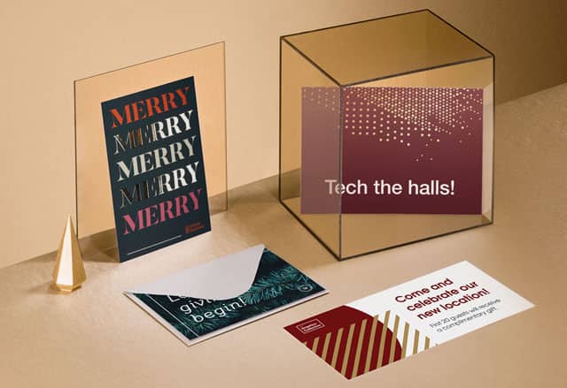 Holiday postcards in various sizes & designs including silver foil details, envelope and Christmas props on golden background