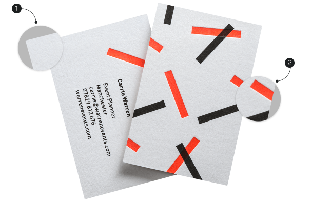 2 sides of white Letterpress Business Card with red & black sprinkle pattern, zoom view of paper & debossed letterpress design